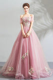 Pink Tulle Lace Long A-Line Prom Dresses, Pink Evening Dresses HZ0429