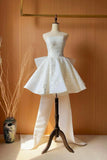 White Strapless Lace Knee Length Party Dress, Cute A-Line Evening Prom Dress with Bow HZ0429