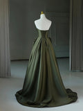 Dark Green Satin V-Neck Long Prom Dress, A-Line Strapless Evening Party Dress HZ0429