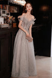 Gray Tulle Sequins Long Prom Dresses, A-Line Off the Shoulder Evening Dresses HZ0429