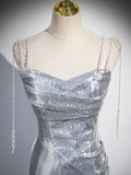 Silver Sequins Long Prom Dress, Mermaid Spaghetti Strap Evening Party Dress HZ0429