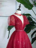 Burgundy Tulle Sequins Tea Length Prom Dress, A-Line Evening Party Dress HZ0429
