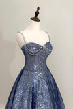 Blue Tulle Sequins Long Prom Dress, Beautiful A-Line Spaghetti Strap Party Dress HZ0429