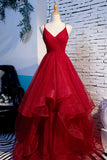 Red V-Neck Tulle Long Prom Dress, A-Line Evening Dress HZ0429