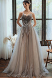 Gray Tulle Strapless Long Prom Dresses, A-Line Formal Evening Dresses HZ0429