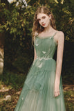 Green Spaghetti Strap Tulle Lace Long Prom Dress, Lovely A-Line Evening Dress HZ0429
