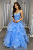 Blue Tulle Lace Long Prom Dresses, A-Line Evening Dresses HZ0429