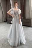 Gray Tulle Lace Long Prom Dresses, A-Line Evening Dresses HZ0429