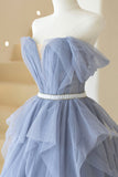Blue Off Shoulder Tulle Long Formal Dress, A-Line Blue Evening Dress HZ0429