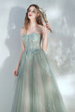 Green Tulle Lace Strapless Long Formal Dress, A-Line Evening Party Dress HZ0429