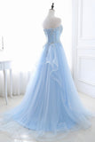 Blue Strapless Tulle Lace Long A-Line Prom Dress, Blue Evening Dress HZ0429