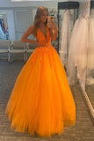 Orange V-Neck Lace Long Prom Dresses, A-Line Evening Dresses HZ0429