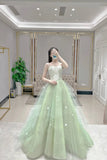 Green Tulle Long A-Line Prom Dress, Green Strapless Evening Party Dress HZ0429