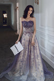 Purple Strapless Tulle Long Formal Dress, A-Line Tulle Evening Dress HZ0429