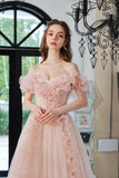 Sweet Pink Tulle Long Prom Dress, A-Line Off the Shoulder Evening Dress HZ0429