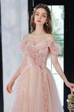 Sweet Pink Tulle Long Prom Dress, A-Line Off the Shoulder Evening Dress HZ0429