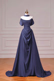 Navy Blue Satin Off Shoulder Evening Gown with Draped Bodice and Train HZ0429