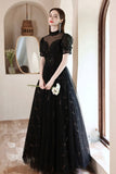 Black Tulle Beading Long Formal Dresses, Black Shiny Sequins Evening Dresses HZ0429