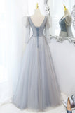 Cute V-Neck Tulle Beaded Long Prom Dress, Gray A-Line Evening Party Dress HZ0429