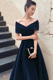 Navy Velvet Long Prom Dress, A-Line Off the Shoulder Party Dress HZ0429