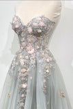 Gray Strapless Lace Long A Line Prom Gown, Graduation Dress HZ0429
