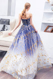 Blue Gradient Tulle Evening Dress, A-Line Strapless Long Prom Dress HZ0429