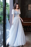 Blue Tulle Long  A-Line Formal Dresses, Shiny V-Neck Evening Dresses HZ0429