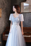 Blue Tulle Long  A-Line Formal Dresses, Shiny V-Neck Evening Dresses HZ0429