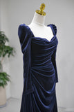 Navy Velvet Ruched Floor Length Evening Gown, Elegant Long Sleeve Formal Gown HZ0429
