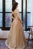 Gold Sequins Long Prom Dress, A-Line Off the Shoulder Evening Dress HZ0429
