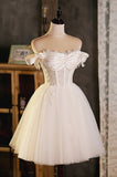 A-Line Tulle Short Prom Dress, Cute Champagne Off the Shoulder Party Dresses HZ0429