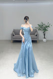 Elegant Light Blue Off-the-Shoulder Water Shimmer Organza Evening Gown for Formal Events HZ0429