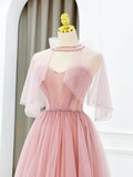 Pink Tulle Long Prom Dress with Beaded, Lovely A-Line Evening Dress HZ0429
