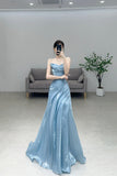 Elegant Light Blue Off-the-Shoulder Water Shimmer Organza Evening Gown for Formal Events HZ0429