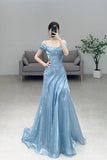 Elegant Light Blue Off-the-Shoulder Water Shimmer Organza Evening Gown for Formal Events HZ0429