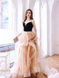 Black Velvet and Champagne Tiered Ruffles Long Prom Dress HZ0429