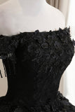 Black Tulle Lace Off the Shoulder Prom Dress, Black A-Line Evening Dress HZ0429