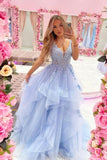 Blue V-Neck Tulle Lace Long Prom Dresses, A-Line Evening Dresses HZ0429