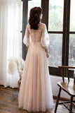 Pink Tulle Lace Long A-Line Prom Dresses, Long Sleeve Evening Dresses HZ0429