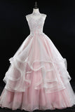 Pink Tulle Lace Sweet 16 Dresses, Long Quinceanera Dresses HZ0429