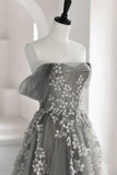 Gray Tulle Lace Long Prom Dress, A-Line Off the Shoulder Evening Dress HZ0429