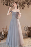 Gray Tulle Off the Shoulder Formal Dress, A-Line Evening Party Dress HZ0429