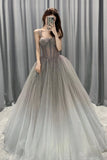 Gray Gradient Tulle A-Line Long Formal Dress, Gray Junior Prom Dress HZ0429