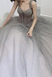Gray Gradient Tulle A-Line Long Formal Dress, Gray Junior Prom Dress HZ0429