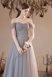 Gray Tulle Off the Shoulder Formal Dress, A-Line Evening Party Dress HZ0429