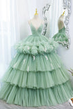 Green V-Neck Layers Tulle Long Ball Gown, A-Line Formal Gown HZ0429
