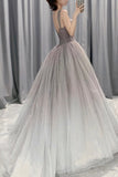 Gray Gradient Tulle A-Line Long Formal Dress, Gray Junior Prom Dress HZ0429