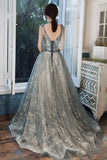 Gray V-Neck Tulle Sequins long Prom Dress, A-Line Evening Dress HZ0429