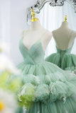Green V-Neck Layers Tulle Long Ball Gown, A-Line Formal Gown HZ0429