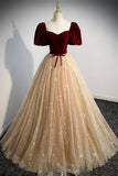 Cute Velvet Tulle Long Prom Dress, A-Line Evening Dress HZ0429